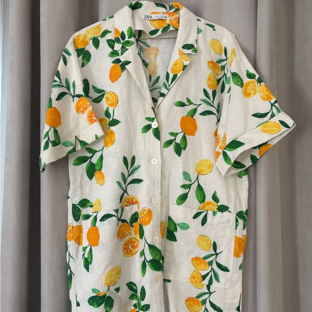 Zara Lemon Print Shift Dress - Collared w/ pockets